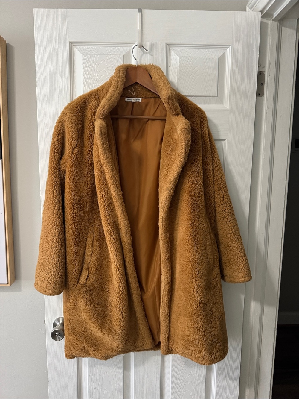 Woven Heart Plush Teddy Coat in Camel Brown
